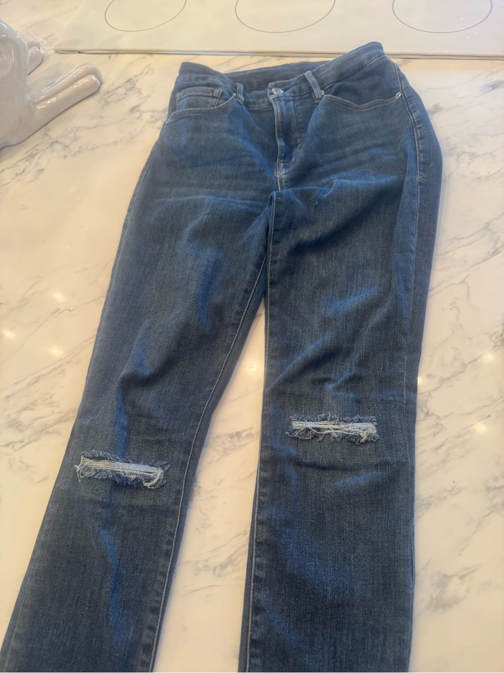 Good American Mid-Dark Blue Straight Leg Ripped Jeans